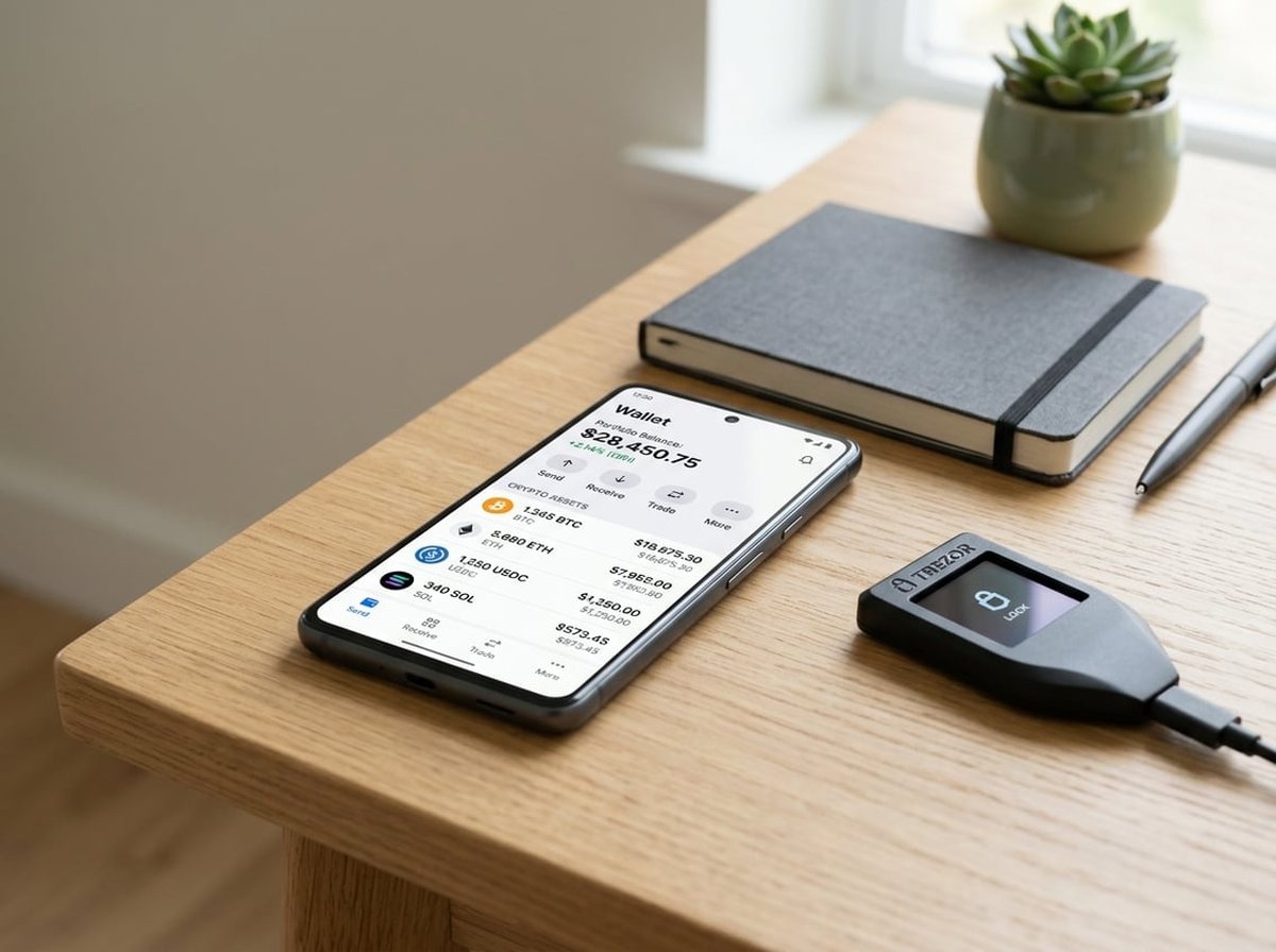 A minimalist workspace with a phone displaying a crypto wallet interface, a hardware wallet on the desk beside a notebook, in soft natural light