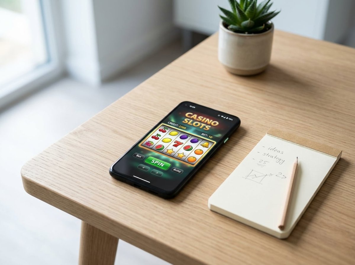 A phone displaying a pokie game interface with animated reels, on a clean desk with a notepad, in soft ocean-tone lighting