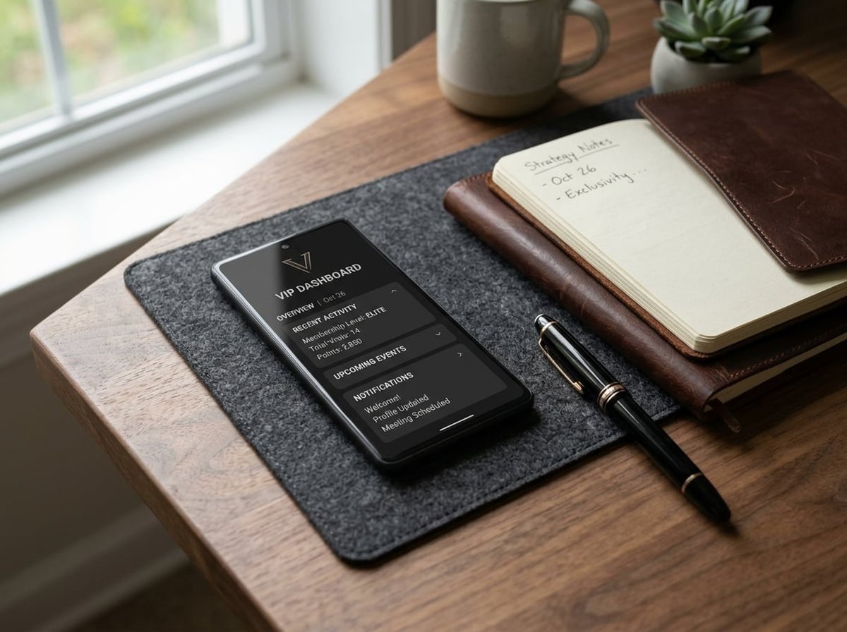 A minimalist premium desk setup with a phone showing a VIP casino interface, a fountain pen, and a leather notebook in refined natural lighting