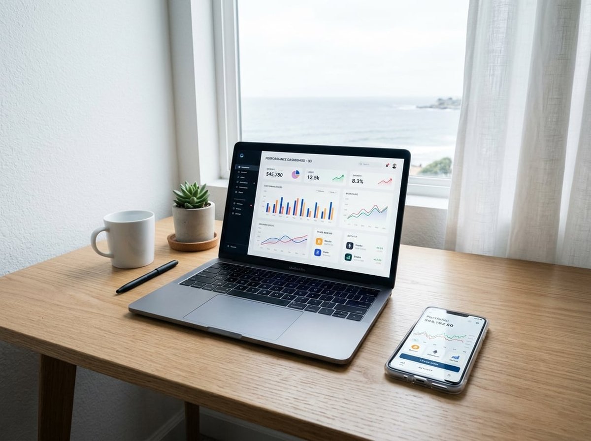 A minimalist workspace with a laptop showing casino platform architecture, a phone with a crypto wallet visible, ocean light through a window