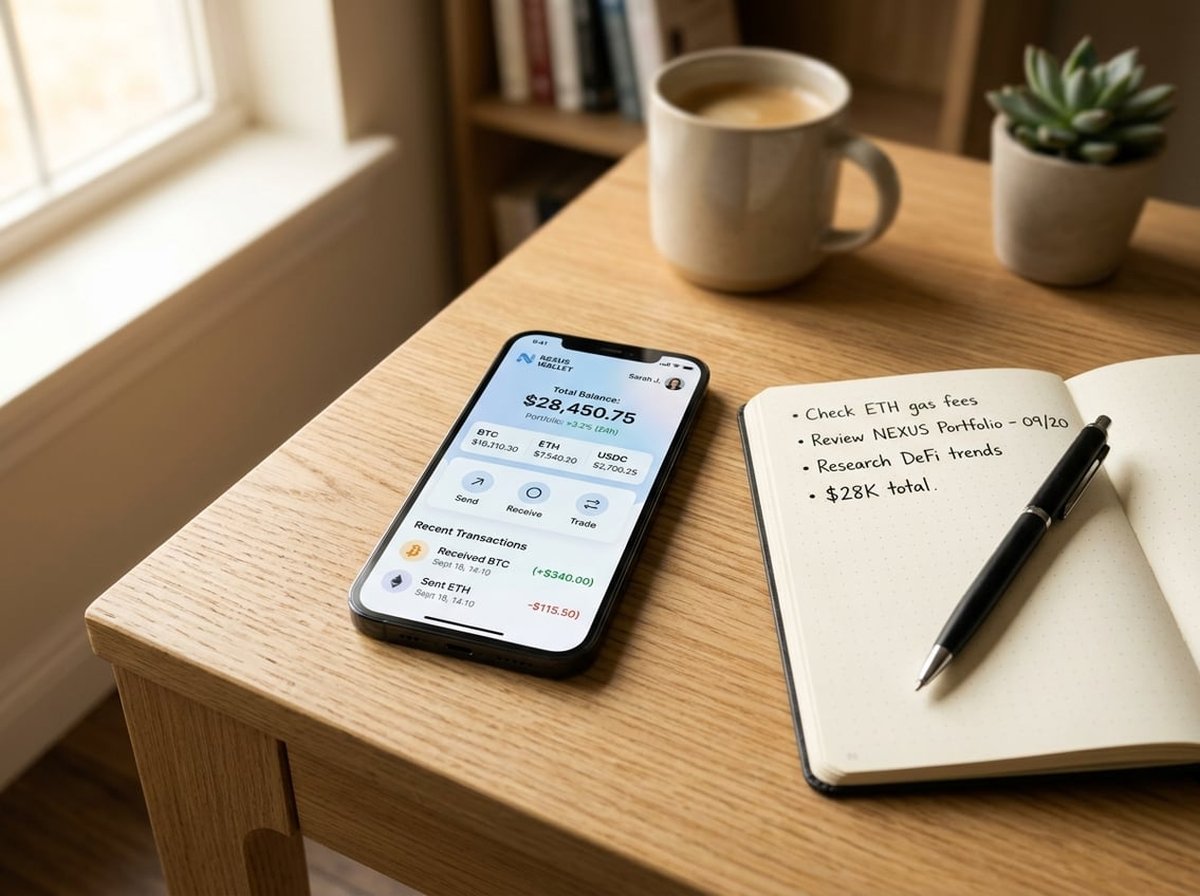 A phone displaying a crypto wallet interface next to a clean workspace with a notepad and pen, warm natural light